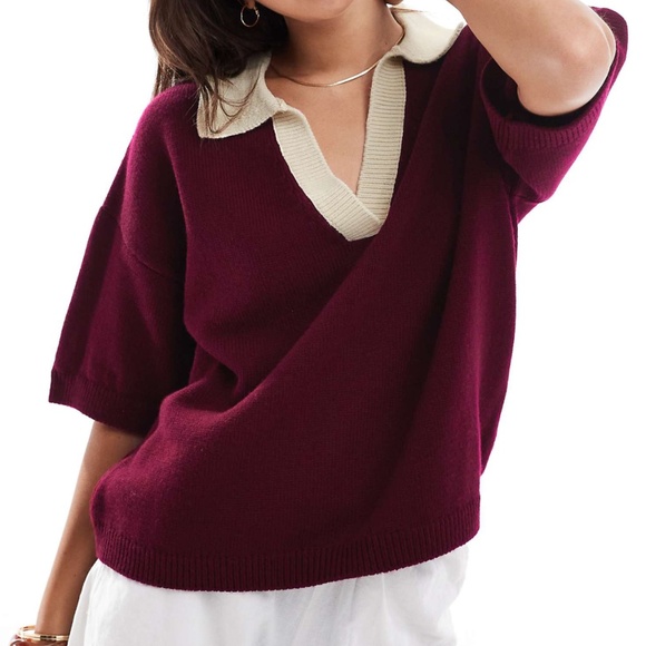 ASOS DESIGN knit polo top with contrast notch collar in burgundy - Picture 1 of 4